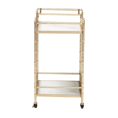 Mela Metal And Marble 2 Tier Wine Cart Gold/White Marble - Baxton Studio - Image 3