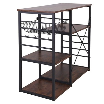 Wood And Metal Bakers Rack With 4 Shelves And Wire Basket Brown/Black - Benzara - Image 3