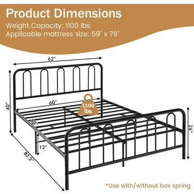 Costway Stylish Queen Size Metal Bed Frame Platform Bed Base W/ Headboard & Footboard - Image 2