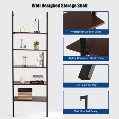 Costway 5-Tier Ladder Shelf Wood Wall Mounted Display Bookshelf Metal Frame Brown & Black/Brown & White/Bronze - Image 9