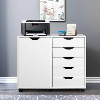 Costway 5-Drawer Dresser Chest Mobile Storage Cabinet W/Door, Printer Stand Home Office - Image 3