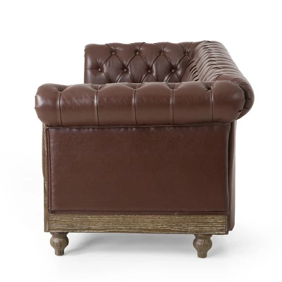 Castalia Chesterfield Tufted 3 Seater Sofa With Nailhead Trim Dark Brown/Natural - Christopher Knight Home - Image 4