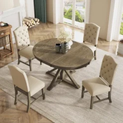 5 PCS Extendable Wood Dining Table Set With Round Table And 4 Upholstered Chairs-ModernLuxe
