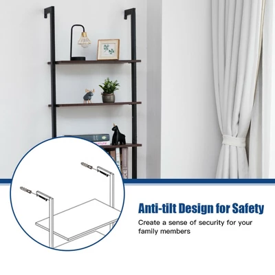Costway 5-Tier Ladder Shelf Wood Wall Mounted Display Bookshelf Metal Frame Brown & Black/Brown & White/Bronze - Image 8