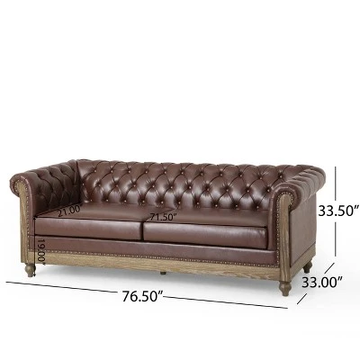 Castalia Chesterfield Tufted 3 Seater Sofa With Nailhead Trim Dark Brown/Natural - Christopher Knight Home - Image 10