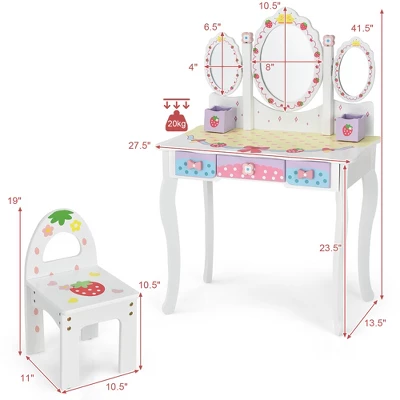 Costway Kids Vanity Princess Makeup Dressing Table Chair Set W/ Tri-fold Mirror White - Image 3