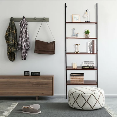 Costway 5-Tier Ladder Shelf Wood Wall Mounted Display Bookshelf Metal Frame Brown & Black/Brown & White/Bronze - Image 3