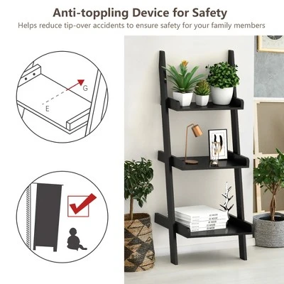 Costway 3 Tier Leaning Rack Wall Ladder Book Shelf Bookcase Storage Display Multipurpose - Image 9