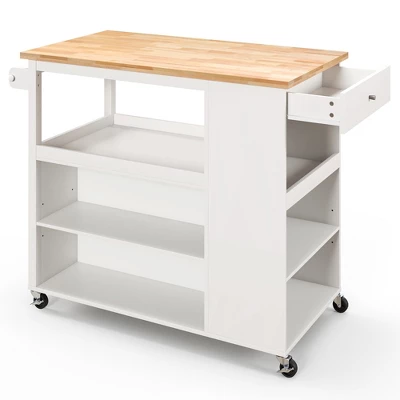Costway Kitchen Island Trolley Cart On Wheels With Storage Open Shelves & Drawer White/Brown - Image 9