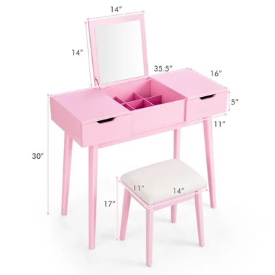 Costway Vanity Table Set W/ Flip Top Mirror Drawers 9 Dividers Makeup Writing Desk - Image 3