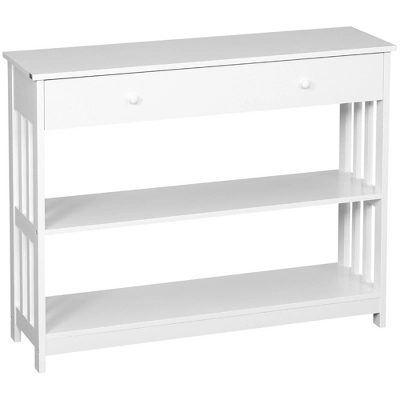 HOMCOM Console Hallway Table With Extra Wide Pull Out Drawer, 2 Open Shelves And Slatted Wood Frame Design - Image 3