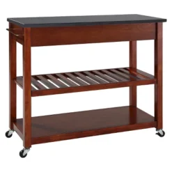 Solid Black Granite Top Kitchen Cart/Island With Optional Stool Storage - Classic Cherry - Crosley