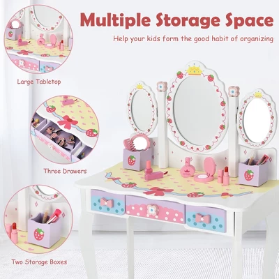 Costway Kids Vanity Princess Makeup Dressing Table Chair Set W/ Tri-fold Mirror White - Image 6