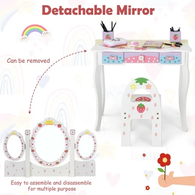 Costway Kids Vanity Princess Makeup Dressing Table Chair Set W/ Tri-fold Mirror White - Image 8