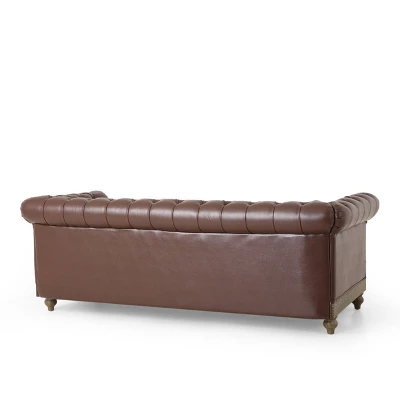 Castalia Chesterfield Tufted 3 Seater Sofa With Nailhead Trim Dark Brown/Natural - Christopher Knight Home - Image 3