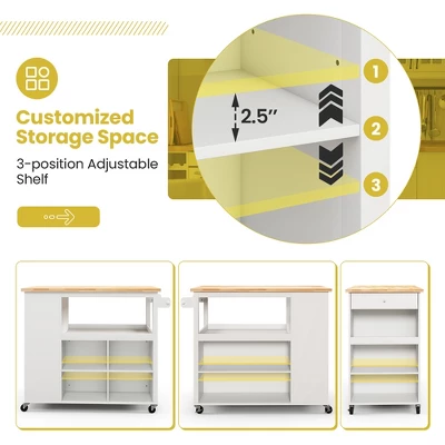 Costway Kitchen Island Trolley Cart On Wheels With Storage Open Shelves & Drawer White/Brown - Image 6