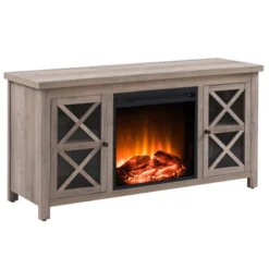 Gray Oak TV Stand With Log Fireplace Insert - Henn&Hart