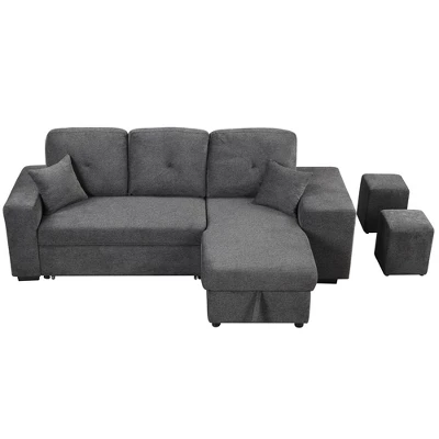 95" Pull Out Sleeper Sofa, Reversible L-Shape Sectional Couch With Storage Chaise And 2 Stools-ModernLuxe - Image 4