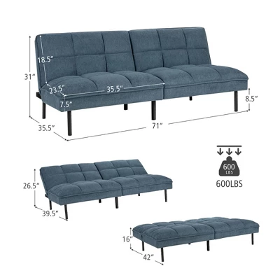 Costway Modern Convertible Futon Sofa Bed Linen Fabric Folding Couch Recliner GreyAquamarineBlue - Image 4