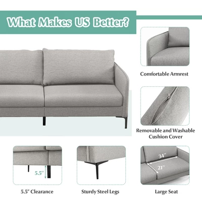 Costway Modern 76'' Loveseat Sofa Couch For Living Room Apartment Dorm With Metal Legs Gray - Image 8