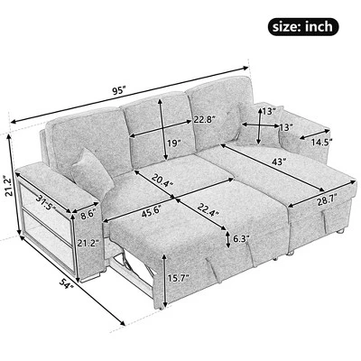 95" Pull Out Sleeper Sofa, Reversible L-Shape Sectional Couch With Storage Chaise And 2 Stools-ModernLuxe - Image 2