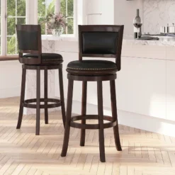 Merrick Lane 30" Panel Back Bar Height Stool With Black Faux Leather Upholstered Back & Seat, Nail Trim, And Cappuccino Wooden Frame