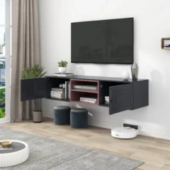 Wall Mounted Floating TV Stand For TVs Up To 65'' With Adjustable Shelves And Magnetic Cabinet Door-ModernLuxe