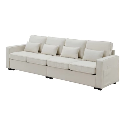 104" 4-Seater Modern Minimalist Linen Fabric Sofa With Arm Pockets And 4 Pillows - ModernLuxe - Image 3