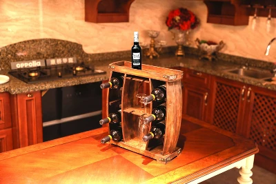 Vintiquewise Decorative Wooden 8 Bottle Rustic Wine Rack With Glasses Holder - Image 5