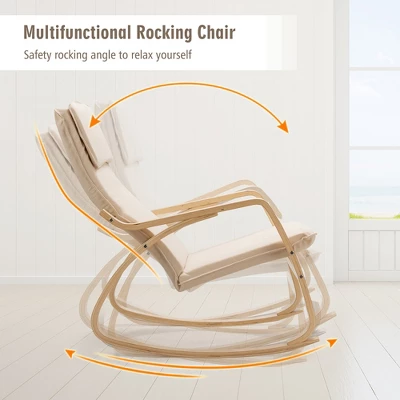 Costway Modern Bentwood Rocking Chair Fabric Upholstered Relax Rocker Lounge Chair GrayBeige - Image 5