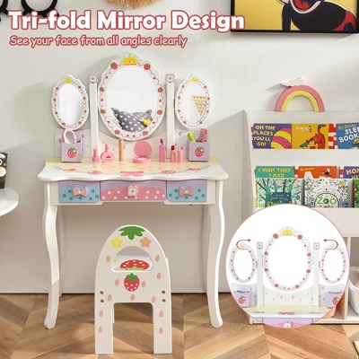 Costway Kids Vanity Princess Makeup Dressing Table Chair Set W/ Tri-fold Mirror White - Image 5