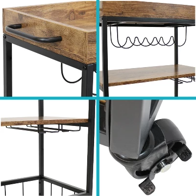 Sunnydaze Decor Sunnydaze 3 Tier Rustic Industrial Style Rolling Indoor Bar Cart With Wine Bottle And Stemware Rack - Image 5
