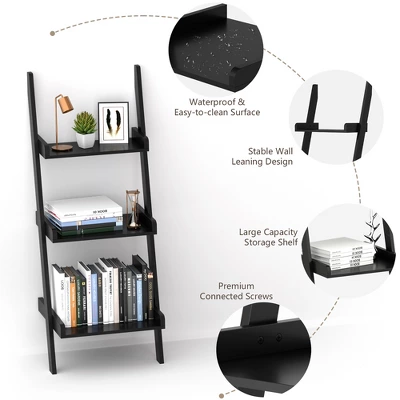 Costway 3 Tier Leaning Rack Wall Ladder Book Shelf Bookcase Storage Display Multipurpose - Image 5