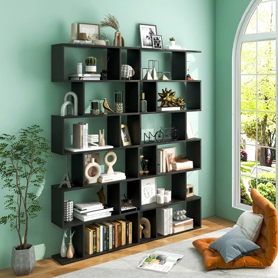 Costway 2 PCS 6 Tier S-Shaped Bookshelf Storage Display Bookcase Z-Shelf - Image 2