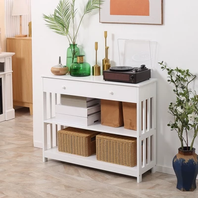HOMCOM Console Hallway Table With Extra Wide Pull Out Drawer, 2 Open Shelves And Slatted Wood Frame Design - Image 2