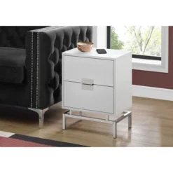 Monarch Specialties 24 Inch Modern Rectangular Accent Side Table With 2 Pull Out Drawers For Bedrooms And Living Rooms, Glossy White And Chrome