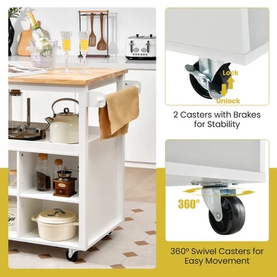 Costway Kitchen Island Trolley Cart On Wheels With Storage Open Shelves & Drawer White/Brown - Image 7