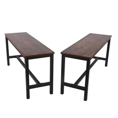 Set Of 2 Wooden Top Indoor Bench With Metal Legs Brown/Black - Benzara