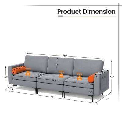Costway Modern Modular 3-Seat Sofa Couch W/ Side Storage Pocket & Metal Leg Ash Grey - Image 3
