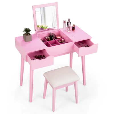 Costway Vanity Table Set W/ Flip Top Mirror Drawers 9 Dividers Makeup Writing Desk - Image 7