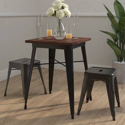 Merrick Lane 23.5 Steel Indoor Contemporary Table With Square Rustic Wood Top