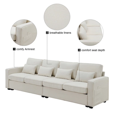 104" 4-Seater Modern Minimalist Linen Fabric Sofa With Arm Pockets And 4 Pillows - ModernLuxe - Image 7