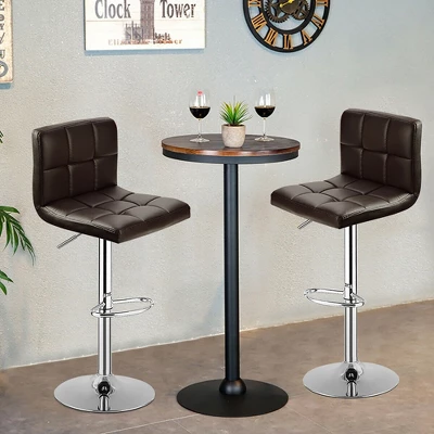 Costway Set Of 2 Bar Stools Adjustable PU Leather Swivel Kitchen Counter Bar Chair Brown - Image 2
