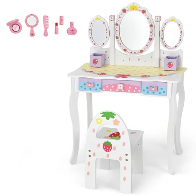 Costway Kids Vanity Princess Makeup Dressing Table Chair Set W/ Tri-fold Mirror White - Image 9