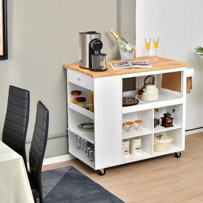 Costway Kitchen Island Trolley Cart On Wheels With Storage Open Shelves & Drawer White/Brown - Image 3