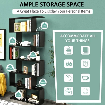 Costway 2 PCS 6 Tier S-Shaped Bookshelf Storage Display Bookcase Z-Shelf - Image 5