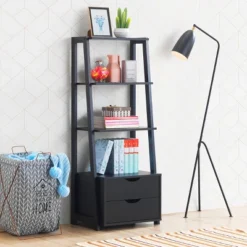 Costway 4-Tier Ladder Shelf Bookshelf Bookcase Storage Display Leaning With 2 Drawers