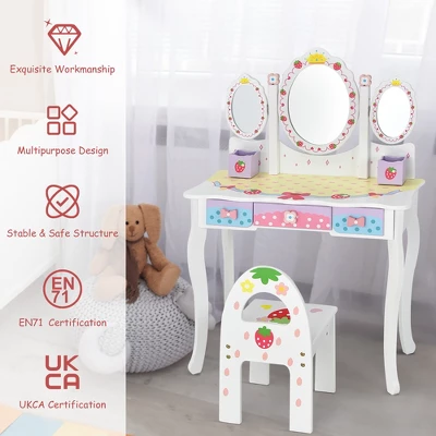 Costway Kids Vanity Princess Makeup Dressing Table Chair Set W/ Tri-fold Mirror White - Image 7