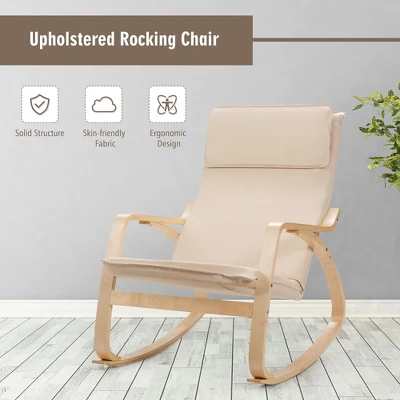 Costway Modern Bentwood Rocking Chair Fabric Upholstered Relax Rocker Lounge Chair GrayBeige - Image 4