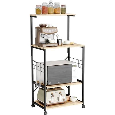 Bestier 4 Tier Shelves Portable Utility Kitchen Storage Baker's Rack Organizer Cart Stand With Adjustable Wheels And Side Hooks, 49 Inch, Oak
